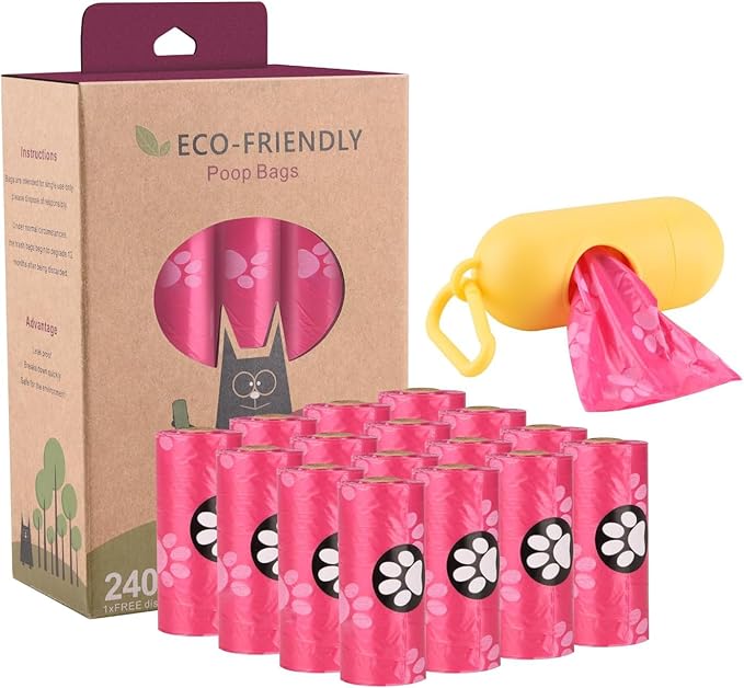 Biodegradable Dog Poo Bags with Holder-240 Large Poop Bags, Corn Starch Blended Compostable Bag, Extra Thick Strong Leak Proof Waste Bag for Dogs (Pink)