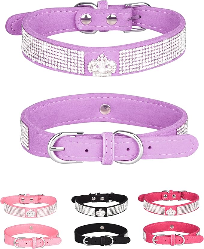 Bling Dog Collar for Small Medium Large Dogs, Crown Rhinestone Dog Collars for Girl and boy Dog, Diamond Puppy Collars, Adjustable Leather Suede SOFE Cat Collar (S(10.6"-13"/27CM-33CM), Purple)