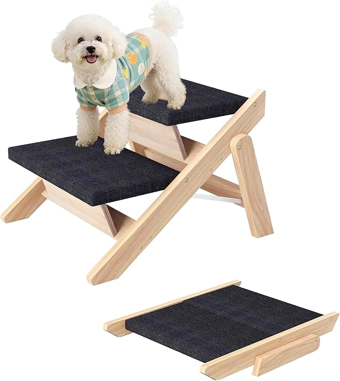 Dog Stairs/Ramp for Bed, Wooden Convertible Pet Steps, Portable Dog Step Up to 180 Pound for Elderly/Short-Legged Dogs, 2 Steps for Beds, Couch, Cars