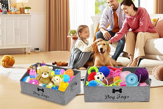 Geyecete 2 Pack Large Dog Toy Bin - Foldable Fabric Trapezoid Organizer Boxes with Handle for Dog Toys (Snow Gray)