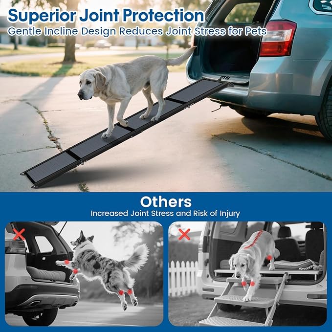 HBTower 71" Long & 17.3" Wide Folding Dog Ramp for Car, SUV & Truck – Portable Pet Ramp with Non-Slip Surface, Extra Wide Steps for Large Dogs Up to 250LBS