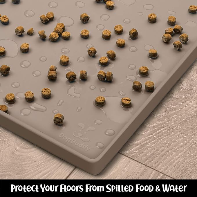 DogBuddy Non-Slip Silicone Food Mat for Dogs (XXL: 32" x 24", Taupe) - Waterproof, Nonslip Dog Feeding Mat with Raised Edges