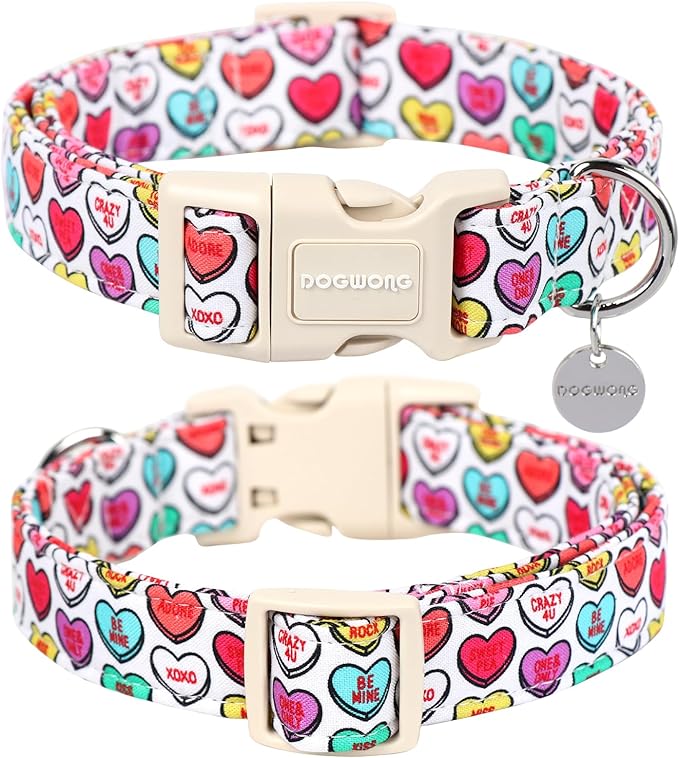 DOGWONG Valentine's Dog Collar, XL Heart Candy, Soft Cotton, Adjustable, Valentine's Day Design, Small & Medium Dogs