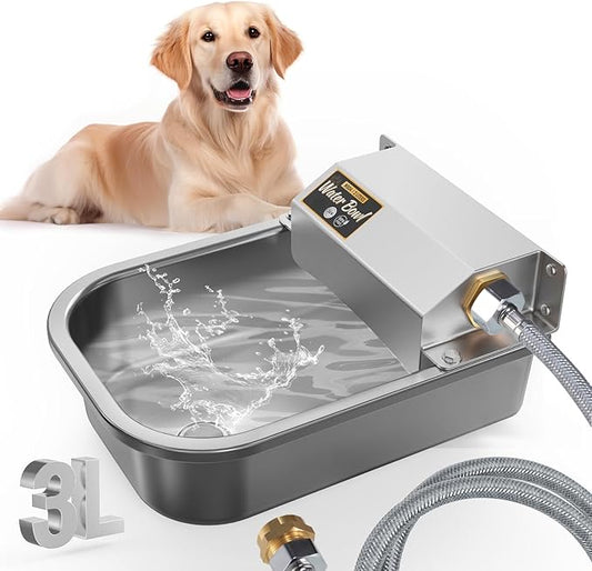 Automatic Water Dispenser for Dogs, Patented 3L Outdoor Dog Drinking Water Bowl, Stainless Steel Waterer Feeder Suitable for Chicken Livestock Animal,Fit 3/4'' GHT Faucet, Wall-Mounted, Easy to Clean