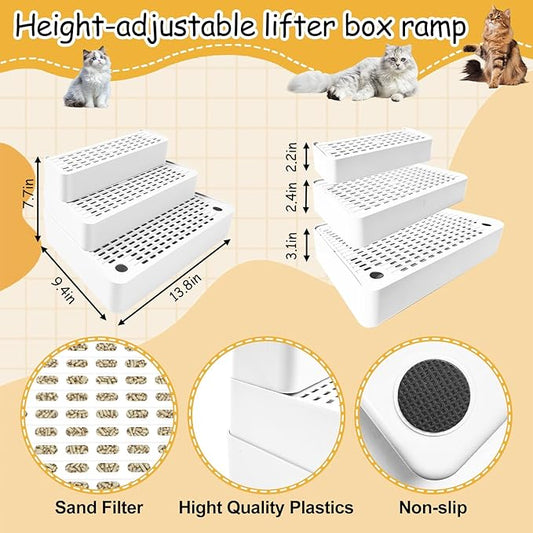 Adjustable 3 Steps Cat Litter Box Step, Litter Box Ramp with Filter Function, Non-Slip, Easy to Clean,Cat Litter Stair for Small & Elderly Cats (White)
