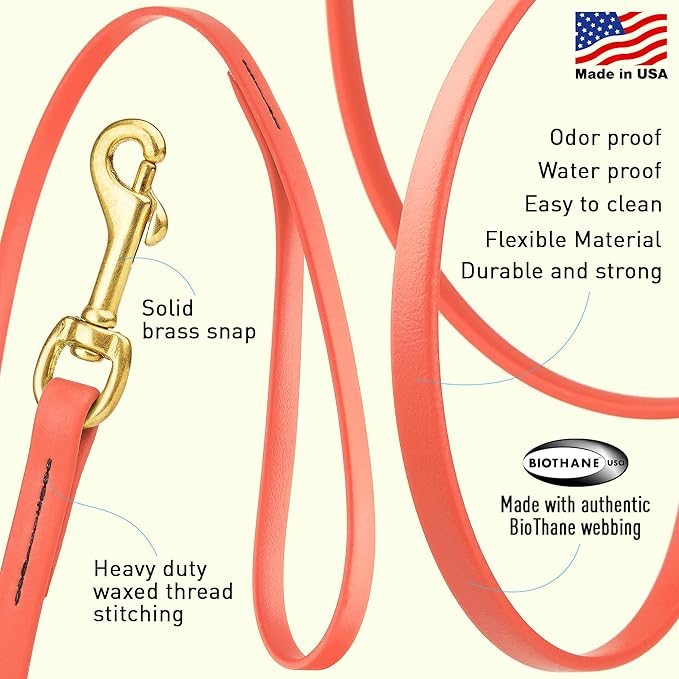 Viper Biothane K9 Working Dog Leash Waterproof Lead for Tracking Training Schutzhund Odor-Proof Long Line with Solid Brass Snap for Puppy Medium and Large Dogs, 33ft Coral