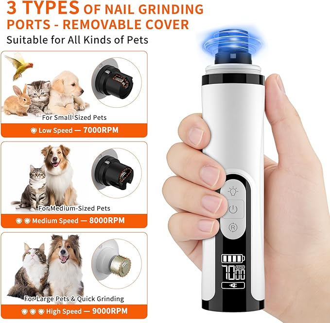 2026 Upgraded Silent Dog Nail Grinder, 3-Speed Powerful Electric Pet Nail Trimmer, Indoor cat Nail Trimmer,Rechargeable with 2 LED Lights/Grinding Wheels for Small, Medium, and Large Dogs and Cats