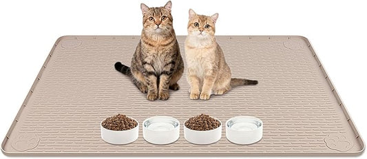 Lanstics Cat Food Mat, 40" x 28" Large Silicone Mat Cat Feeding Mat with Raised Edge Non-Slip Pet Feeding Mat for Food and Water Bowl, Easy to Clean, Floor Protection (Khaki)