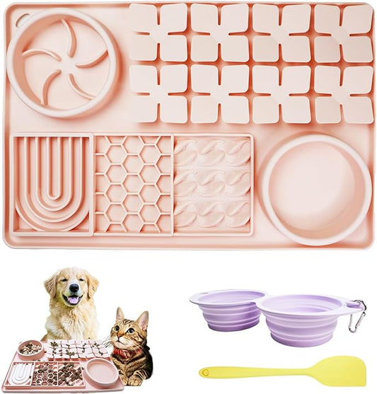 Silicone Licking Mats 6 in 1 for Dogs Cats - Slow Feeder Mat for Smell Training with Water Groove, Snuffle Mats with Suction Cups, Anxiety Relief and Boredom Reducer, Silicone Foldable Bowl