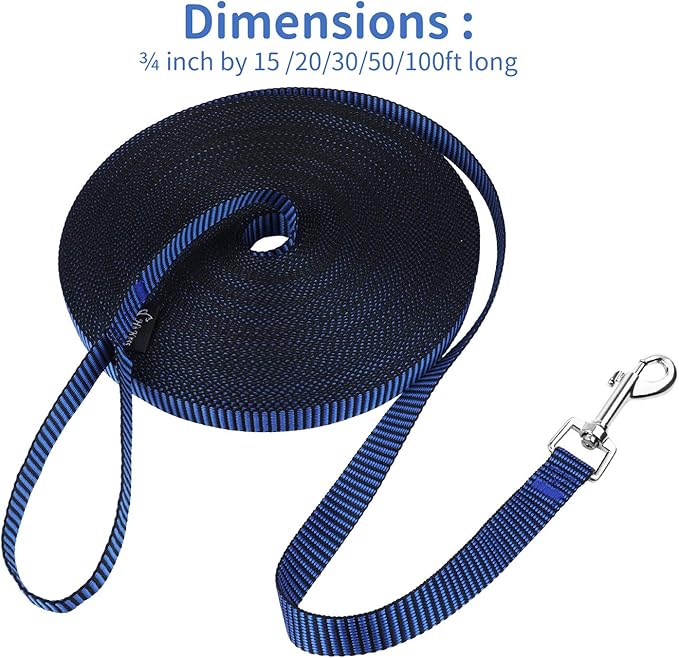 Hi Kiss Dog/Puppy Obedience Recall Training Agility Lead - 15ft 20ft 30ft 50ft 100ft Training Leash - Great for Training, Play, Camping, or Backyard(20ft,Black_Blue)