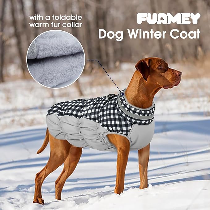 FUAMEY Dog Coat for Large Dogs,Waterproof Dog Winter Jacket with Harness Built in Puppy Cold Weather Coats Reflective Pet Vest with Zipper Warm Fleece Dogs Snowsuit Windproof Checkerboard 2XL