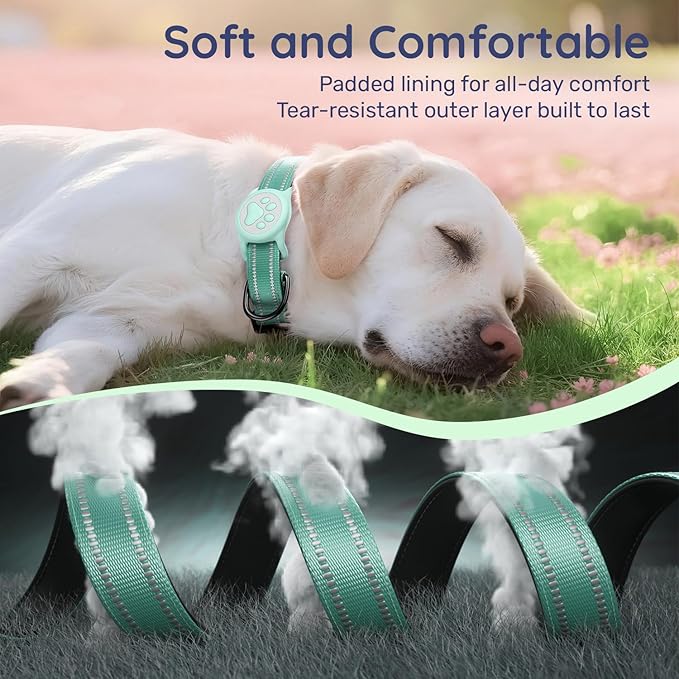 Apple Tag Holder Dog Collar, Reflective Ultra-Durable Nylon Padded with QR Code Buckle & IP68 Waterproof for AirTag Holder Compatible for Apple Tag, Comfortable for Small Medium Large Dogs(Green,M)