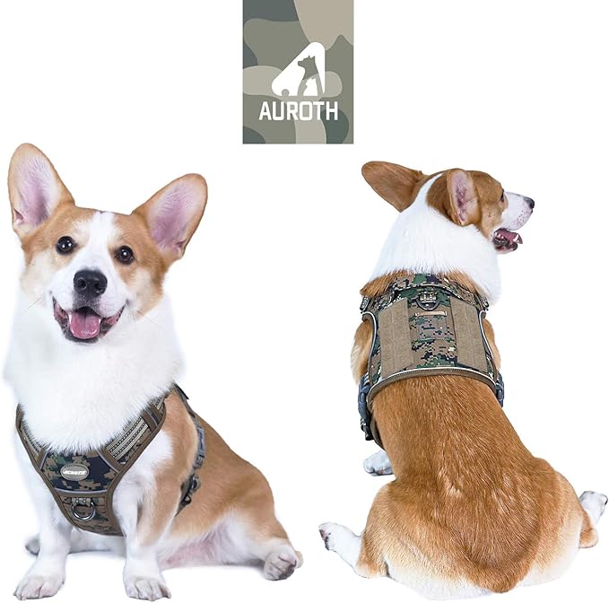 AUROTH Tactical Dog Harness for Small Medium Dogs No Pull Adjustable Pet Harness Reflective K9 Working Training Easy Control Pet Vest Military Service Dog Harnesses Woodland Camo M