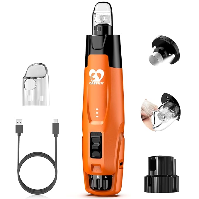 Casfuy New 6-Speed Dog Nail Grinder - 50% More Power Dog Nail Trimmers with 2 LED Lights Quiet 7h Running Time Electric Pet Nail Grinder File Toenail Grinder for Large Medium Small Dogs & Cats (OR)