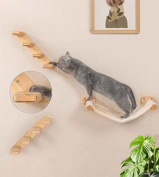 Cat Scraching Post Wall Shelves Set of 3 –1 Floating Fabric Hammock, 2 Cat Wall Ladders with 4 Steps EachWall Mounted Bed Furniture & Climber for Large Cats, Indoor Wall Playground