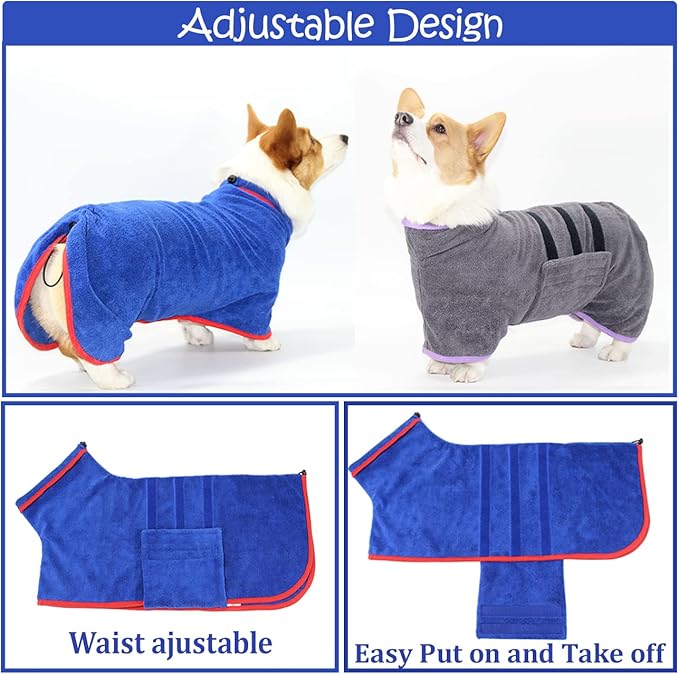 Dog Drying Coat - Fast Drying Dog Towel Robe - Microfiber Super Absorbent Pet Bathrobe, Adjustable Collar & Belly Strap Fast Drying Coat Pet Dog Cat Bath Robe Towel