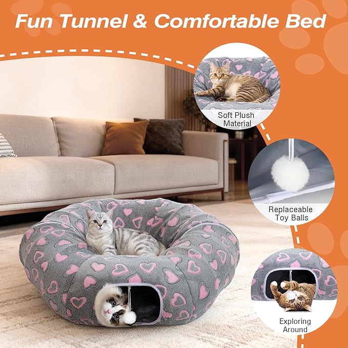 Cat Tunnels for Indoor Cats, 35'' Plush Cat Tunnel Bed with Playful Ball and Circle Cushion, Multifunctional Peekaboo Cat Cave, Interactive Toy Gift for Cats, Kittens, Rabbits, Gray&Heart