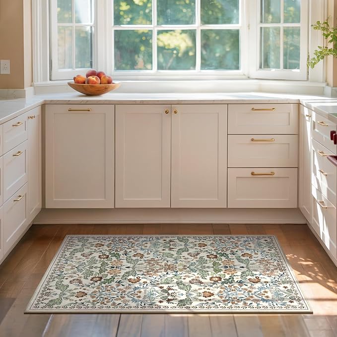 Floral Entryway Washable Rug: 2x3 Soft Low Pile Thin Indoor Front Door Mat, Non Slip Stain Resistant Vintage Flower Boho Accent Small Rugs for Bedroom, Kitchen, Bathroom, Nursery Entrance - Beige