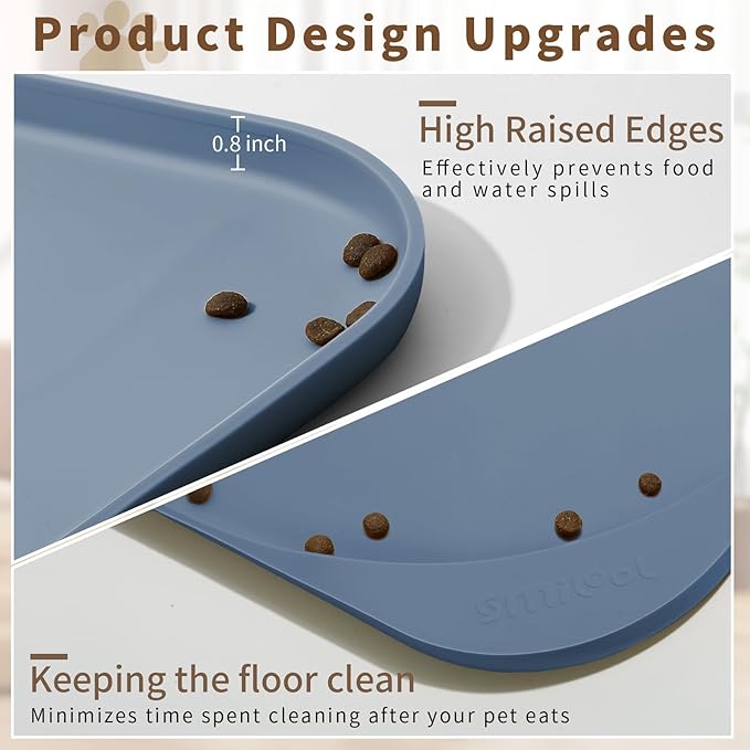 Silicone Pet Food Mat with Raised Edge for Food and Water Bowl, Dog Feeding Mats, Cat Food Trays for Floor Waterproof, Rubber Tray for Dogs and Cats, 24 x 16 x 0.8 Slate Blue