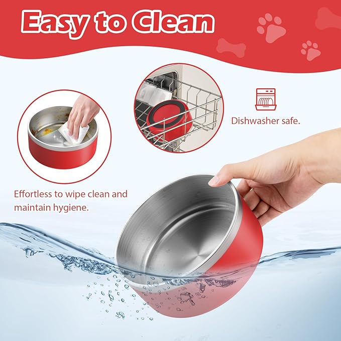 LIANLAI Stainless Steel Dog Bowls, Rust-Resistant Pet Bowls, Non Slip Dog Water Bowl, Versatile Feeding Bowls (Red，64 oz)