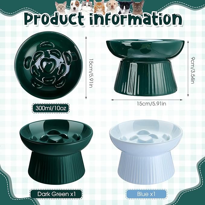 Tioncy 2 Pcs Raised Cat Slow Feeder Bowl Ceramic Elevated Cat Dog Food Bowl No Spill High Edge for Dry Wet Food and Water Easy to Clean, Dishwasher Safe (Dark Green,Blue)