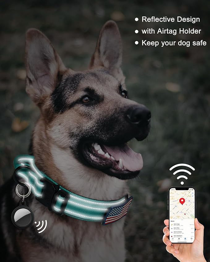 AUBELL Reflective Tactical Dog Collar,Adjustable Military Heavy Duty K9 Collars with Handle and Quick Release Metal Buckle Great for Medium Dogs, with Airtag Case and 2 Patches (Teal,M)