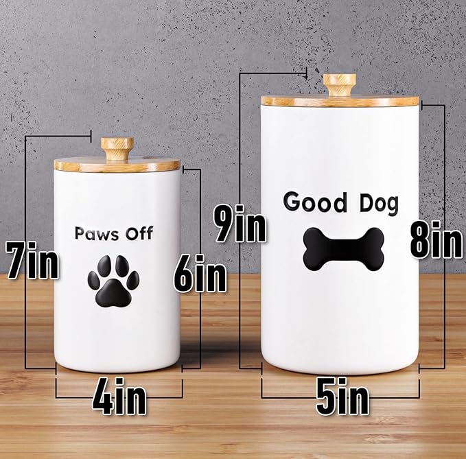 Dog Treat Container Airtight Set of 2 - 9x5 & 7x4 inch Ceramic Dog Treat Jars for Kitchen Counter with Airtight Lids - 11 Cup Capacity Pet Treat Container Set - Doggie Cookie Jar - Big Treats Canister