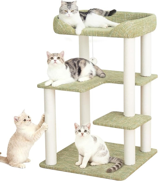 Cat Tree for Large Cat, Modern Senior Friendly Cat Tower with Wide Shelves Low Step, Cotton Scratching Posts, Super Sturdy Base, Cozy Perches, Interactive Toys (Linen Fabric Green 37.4-Inch)