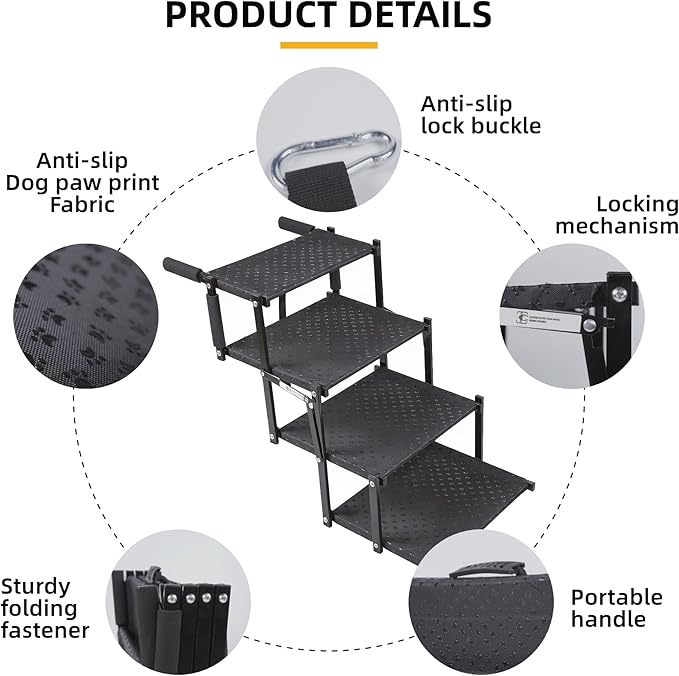 Dog Stairs 4 Steps Foldable Dog Ramp with Non-Slip Surface, Portable Dog Steps for Cars,SUV and Truck, Supports up to 250 lbs