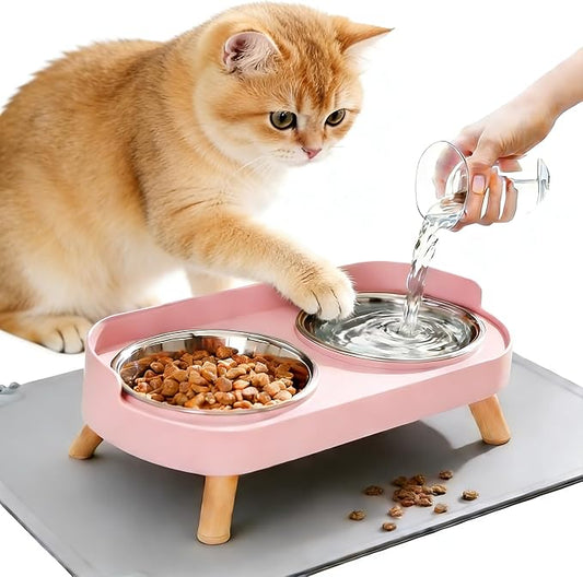 Elevated Cat Bowls with Food Mat, Splash Proof Anti Vomiting Raised Cat Food and Water Bowl Set, 2 Stainless Steel Dishes for Cats and Puppy, Pet Bowl for Indoor Cats Pink