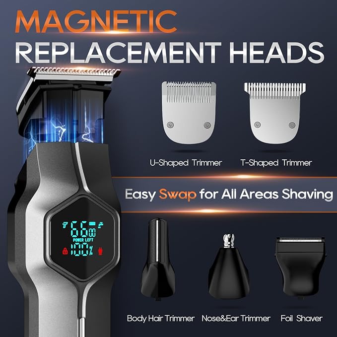 Beard Trimmer for Men, Magnetic Snap-on Replacement Heads & Charging Dock, IPX7 Waterproof Cordless Hair Clippers, Mens Grooming Kits for Mustache/Body/Face/Ear/Nose, Gray