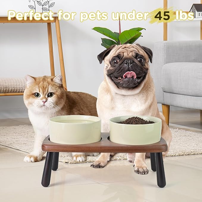 SPUNKYJUNKY Ceramic Elevated Dog Bowls Raised with Acacia Bamboo Wooden Stand, 6.1'' Dog and Cat Food Water Bowls Set Non-Slip for Small Medium Sized Breed Microwave Dishwasher Safe - 28.7 OZ,Beige