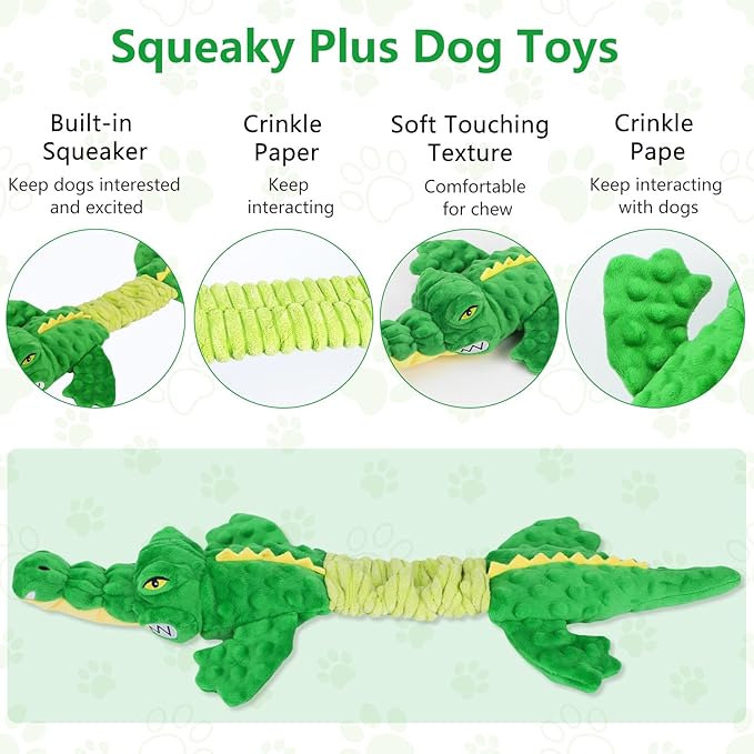 Large Squeaky Alligator Dog Toys, Interactive Puppy Toys with Crinkle Paper, Pull Tug of War Dog Toy, Plush Dog Chew Toys for Small, Medium, Large Breed