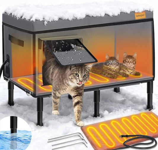 100% Weatherproof Large Heated Cat House for Outside Cat with Cozy Cushion,Indestructible Outdoor Cat House in Winter, Foil Insulated Pet Shelter for Outside Barn Feral Stray Cat