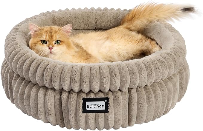 BALANCE Cat Bed Kitten Bed, Washable Round Cat Beds for Indoor Cats,Super Soft Plush Faux Fur Pet Bed for Puppy and Kitten with Anti-Slip Bottom