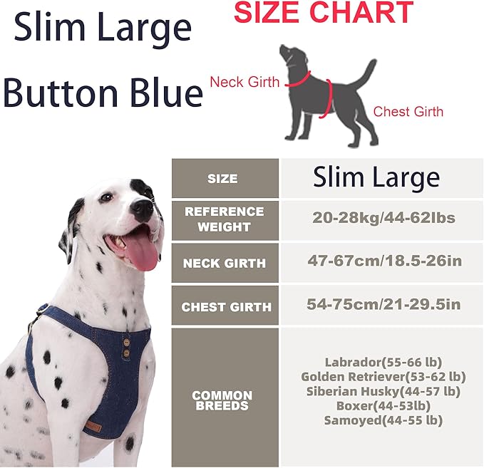 Dog Harness, No Pull Dogs Harness and Multi-Function Leash Set for Medium Dogs Easy Walk Everyday Adjustable Soft Dog Vest Harness Fashionable Dog Accessories Blue-Button-Slim Large