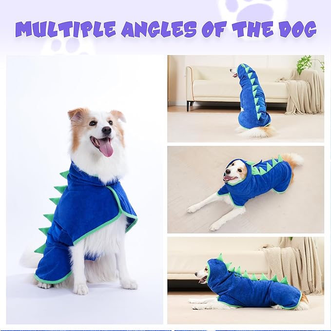 Super Absorbent Dog Bathrobe, Microfiber Bath Robe Towel for Fast Drying, Cozy Fit, Adjustable Belly Strap, Unique Dinosaur Design Dog Drying Coat for Bath, Rainy Walks & Cold Weather