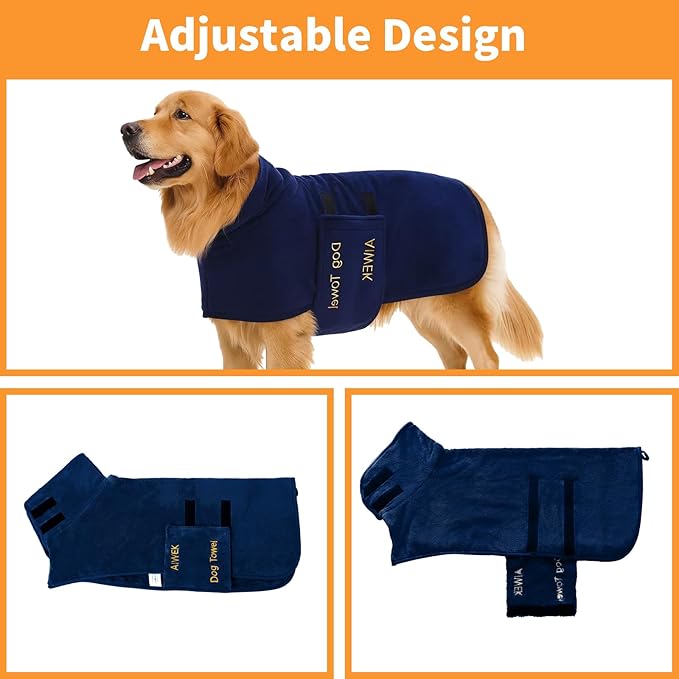 Dog Towel Dog Bathrobe, Microfiber Super Absorbent Pet, Quick Drying Robe for After Bath, Adjustable Collar & Belly Strap Pet Cat Bath Robe Towel Blue-L