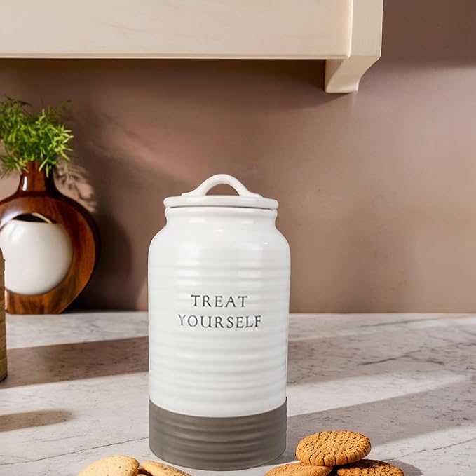 Young's Inc. Ceramic Cookie Jar - Cute Kitchen Counter Storage Canister with Lid - Perfect for Cookies, Coffee, Tea, Candy, Dog Treats, and More - Treat Yourself - White, Brown