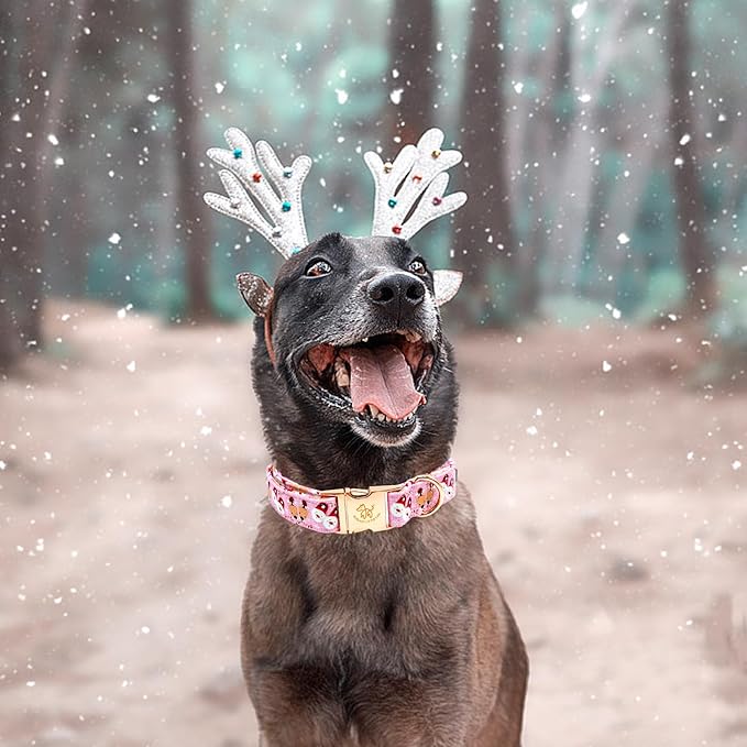 Elegant little tail Christmas Dog Collar, Pink Deer Print Pet Collar Dog Durable Cute Dog Collars Winter Holiday Male or Female Pet Gift Adjustable Dog Collar for Medium Dogs