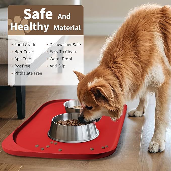 Silicone Pet Food Mat with Raised Edge for Food and Water Bowl, Dog Feeding Mats, Cat Food Trays for Floor Waterproof, Rubber Tray for Dogs and Cats, 17 x 12 x 0.7 Red