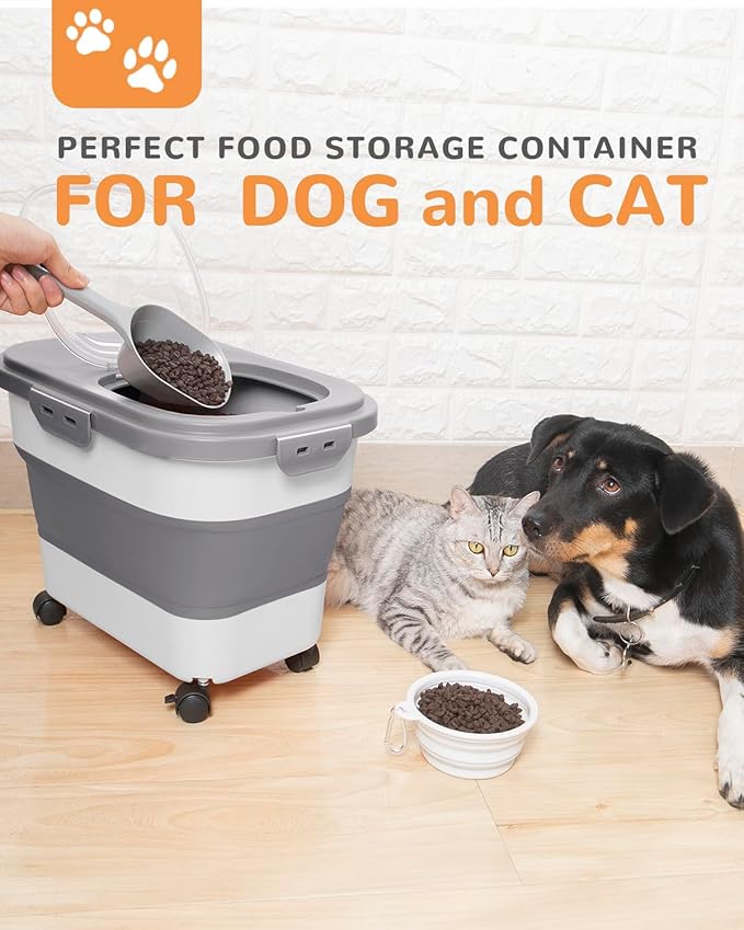 20-23 Lbs Dog Food Storage Container - Collapsible Dog Food Container with Attachable Casters and Scoop,Travel Silicone Bowl, Pet Food Storage Containers to Keep Dry Food Fresh,Easy to Move