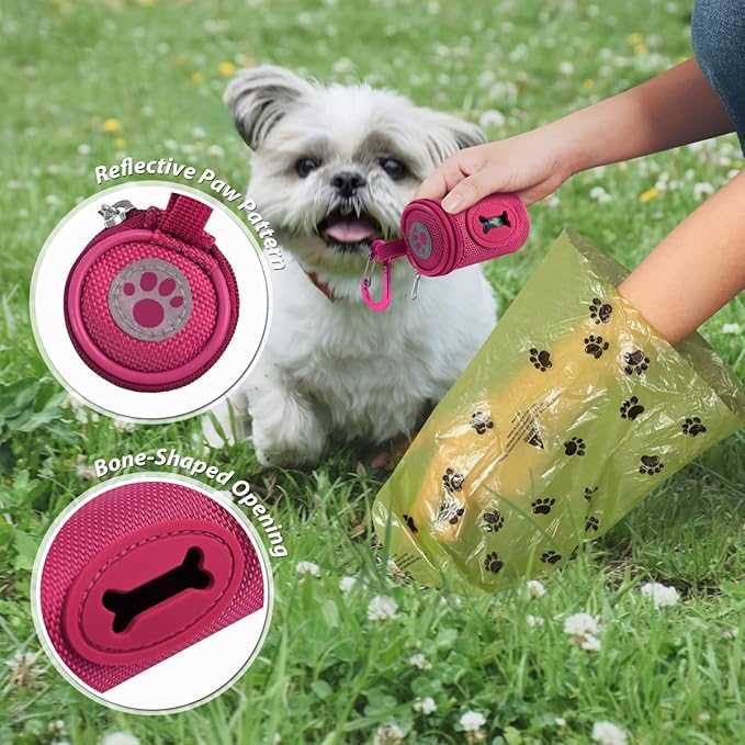 Dog Poop Bag Holder for Leash Doggie Waste Bag Dispenser Soft Fabric Puppy Potty Carrier Small Doggy Zipper Pouch with Carabiner Clip 1680D Nylon Oxford with 1 Roll of Pet Trash Bags, Rose Red