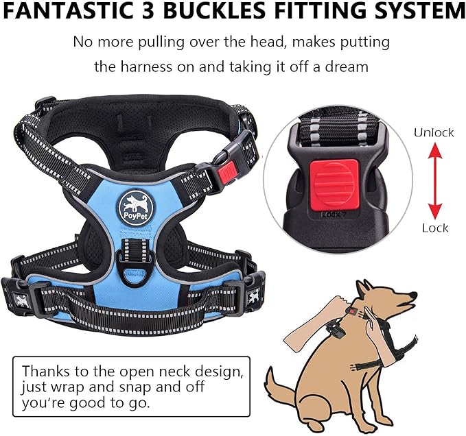 PoyPet No Pull Dog Harness, No Choke Front Lead Dog Reflective Harness, Adjustable Soft Padded Pet Vest with Easy Control Handle for Small to Large Dogs(Light Blue,S)
