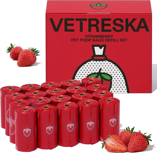 VETRESKA Strawberry Scented Dog Poop Bags, Leak Proof, Extra Thick and Large Pet Waste Bags for Dogs Walking and Cat Litter, 20 Refill Rolls, 300 Bags, Red