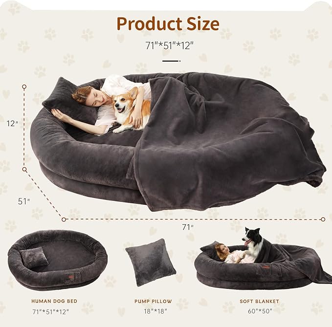 Human Dog Bed for Adults, 71"x51"x12" Washable Orthopedic Size, Faux Fur Removable, Cozy Large Present with Blanket and Pillow, Dark Grey