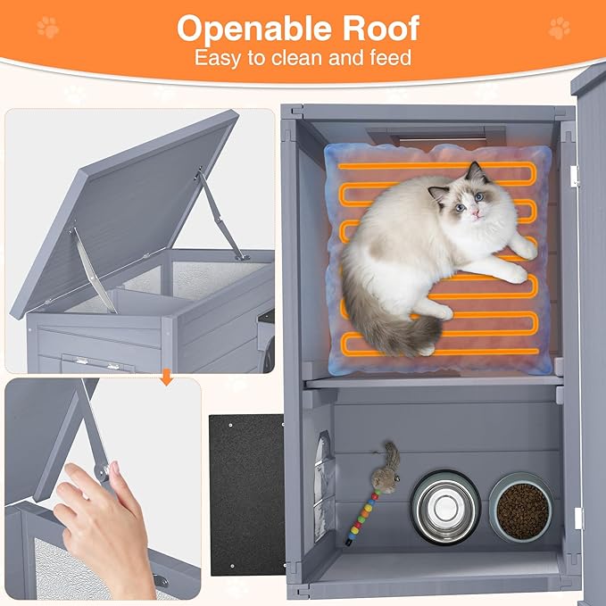 Heated Cat House for Outside - Wooden Insulated Cat Houses Outdoor, Winter Warm Cat Home Weatherproof Waterproof, Clawsable Feral Kitty Shelter with Heated Pad, Escape Door
