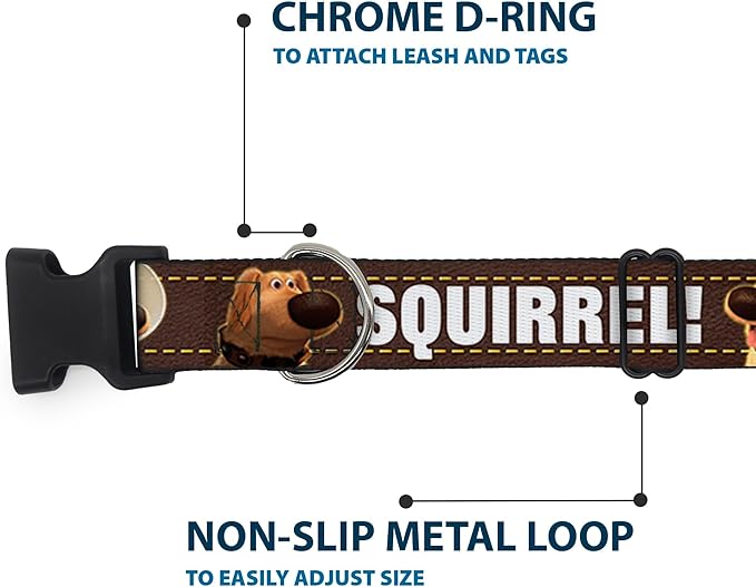 Buckle-Down Plastic Clip Collar - Dug 3-Poses/SQUIRREL! Brown/Yellow/White - 1.5" Wide - Fits 16-23" Neck - Medium