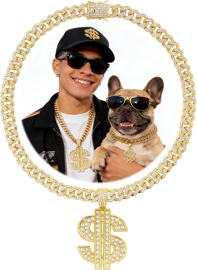 Evoolyn Dog Collar Diamond Gold Plated Cuban Link Chain Glitter Necklace with Dollar Pendant Matching Pet Owner Styles Available Hip Hop Pet Accessories for Dog & Cat (Gold, 25cm)