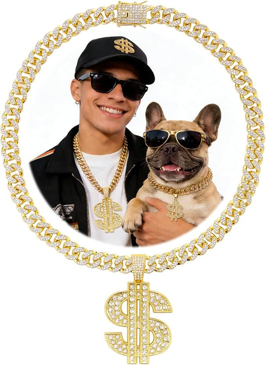 Evoolyn Dog Collar Diamond Gold Plated Cuban Link Chain Glitter Necklace with Dollar Pendant Matching Pet Owner Styles Available Hip Hop Pet Accessories for Dog & Cat (Gold, 45cm)